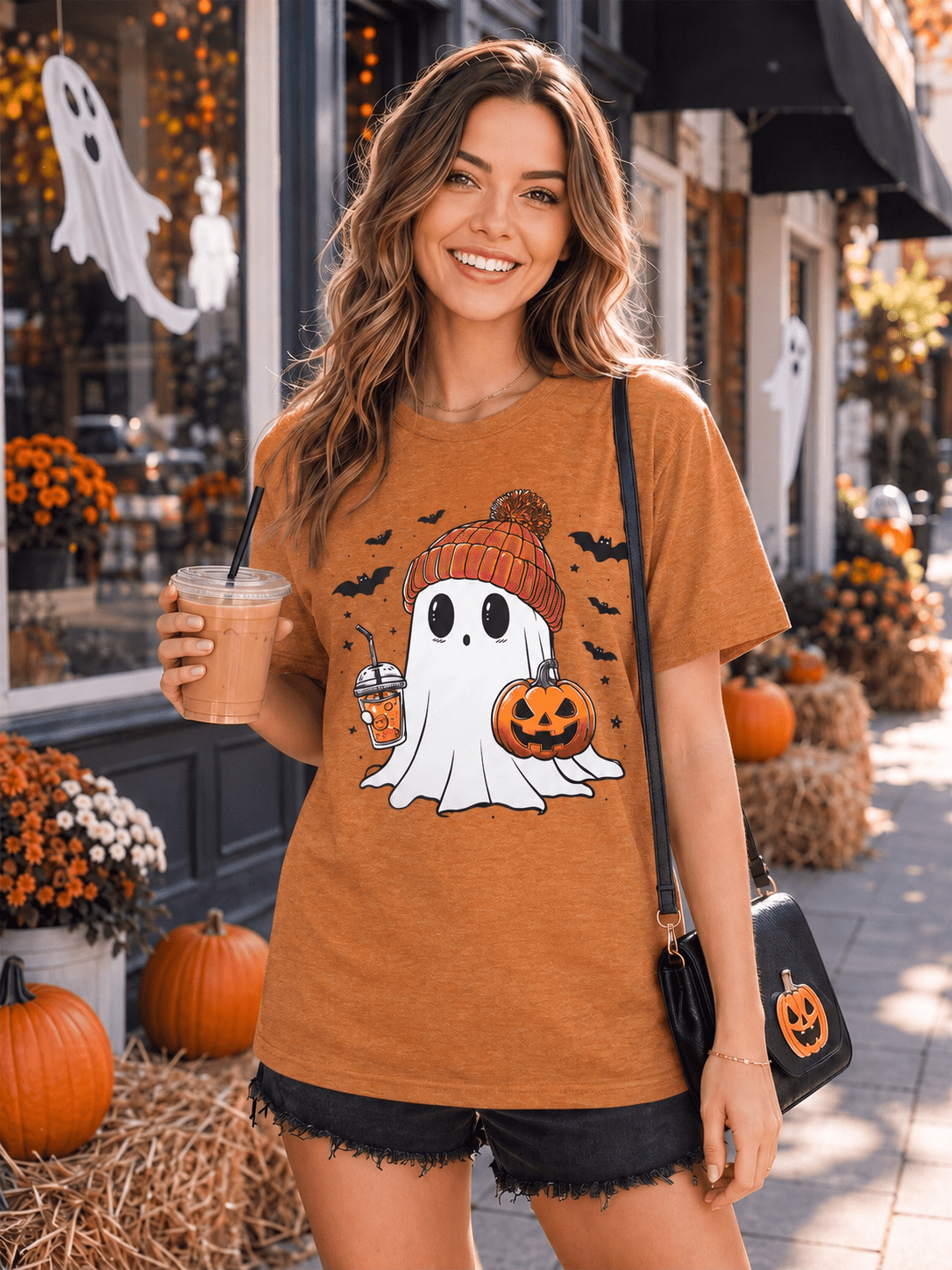 KimSoong Women Halloween T-Shirt Cute Ghost Fall Pumpkin Graphic Shirt Coffee Lover Tees Short Sleeve Tops