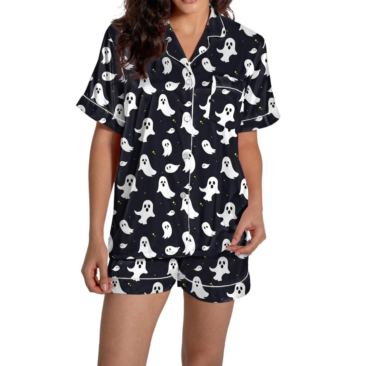 ChenYiFH Halloween Pajama Sets For Women 2 Piece Pumpkin Print Shirts And Pajamas Shorts Button Down Short Sleeve Sleepwear Black S