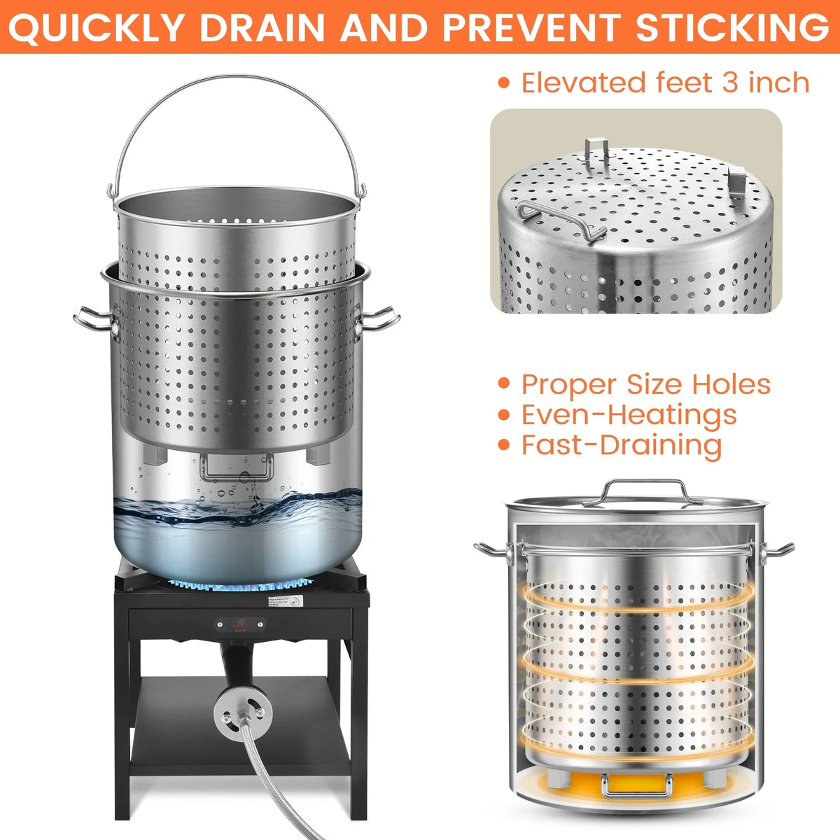 100QT Stainless Steel Seafood Boiling Kit With 82QT Basket And 200,000BTU Propane Stove