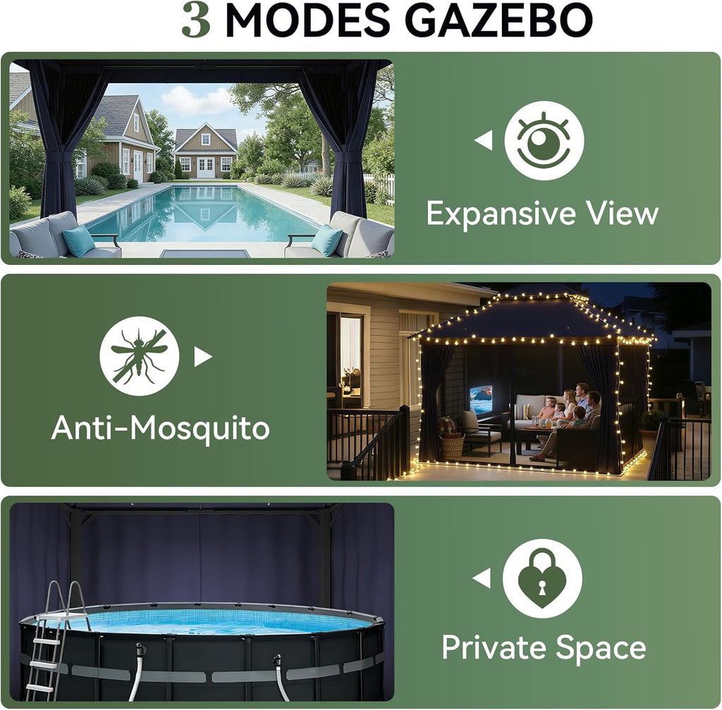 AOXUN Outdoor Gazebo 10x12 Metal Frame Double Roof Canopy With Mosquito Netting And Privacy Screen - Navy Blue