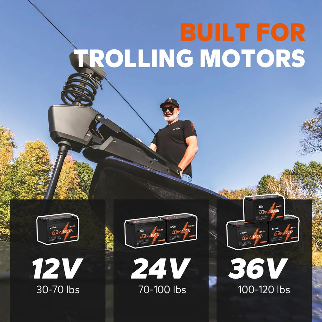 LiTime 12V 100Ah TM LiFePO4 Lithium Trolling Motor Battery With Built-In 100A BMS - Group 24