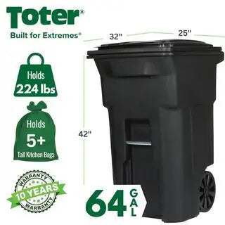 Toter 64 Gallon Black Outdoor Trash Can With Wheels And Lid