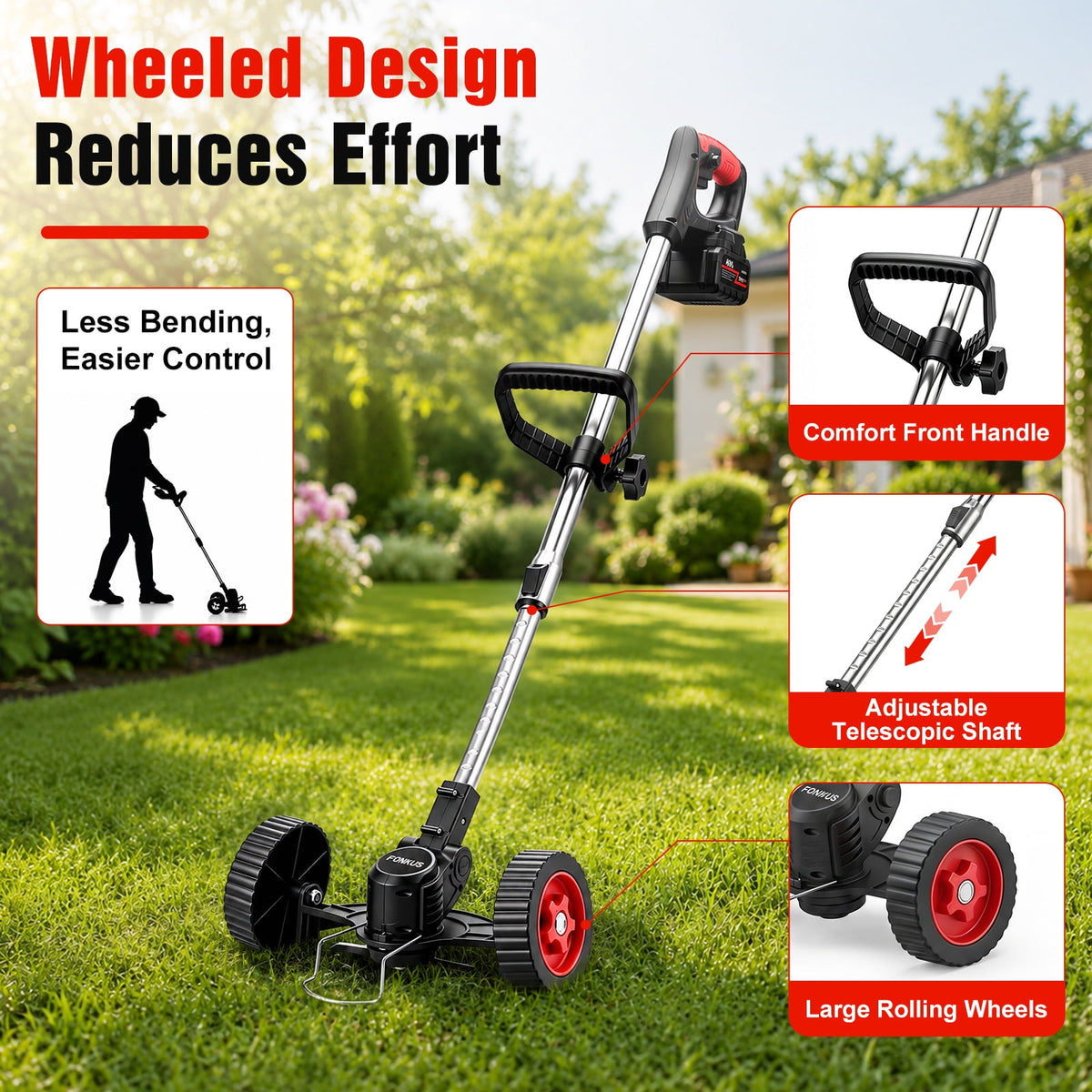FOUKUS Cordless Weed Wacker Battery Powered - 800W Electric Grass Trimmer Edger Mower with Wheels - Lightweight Brush Cutter Tool for Lawn Care