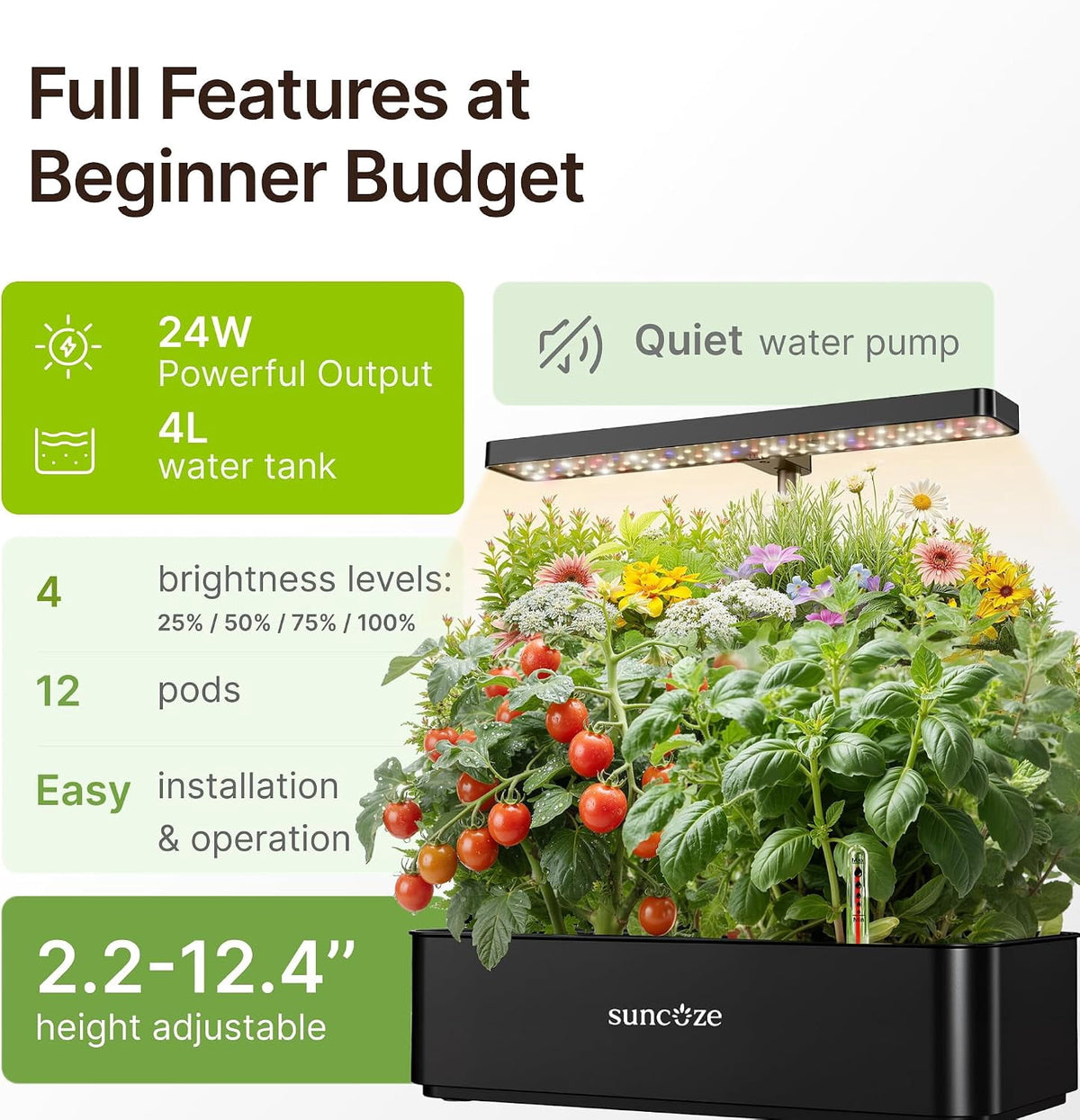 SUNCOZE 12 Pod Hydroponic Growing System, Indoor Herb Garden with 24W Powerful Output, 4L Water Tank, Black