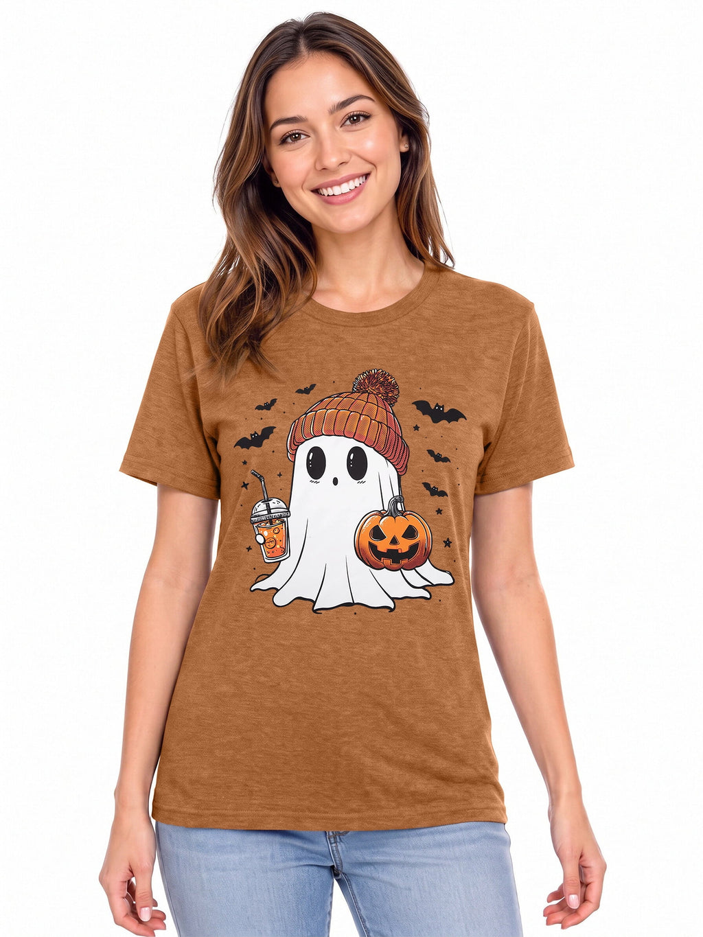 KimSoong Women Halloween T-Shirt Cute Ghost Fall Pumpkin Graphic Shirt Coffee Lover Tees Short Sleeve Tops