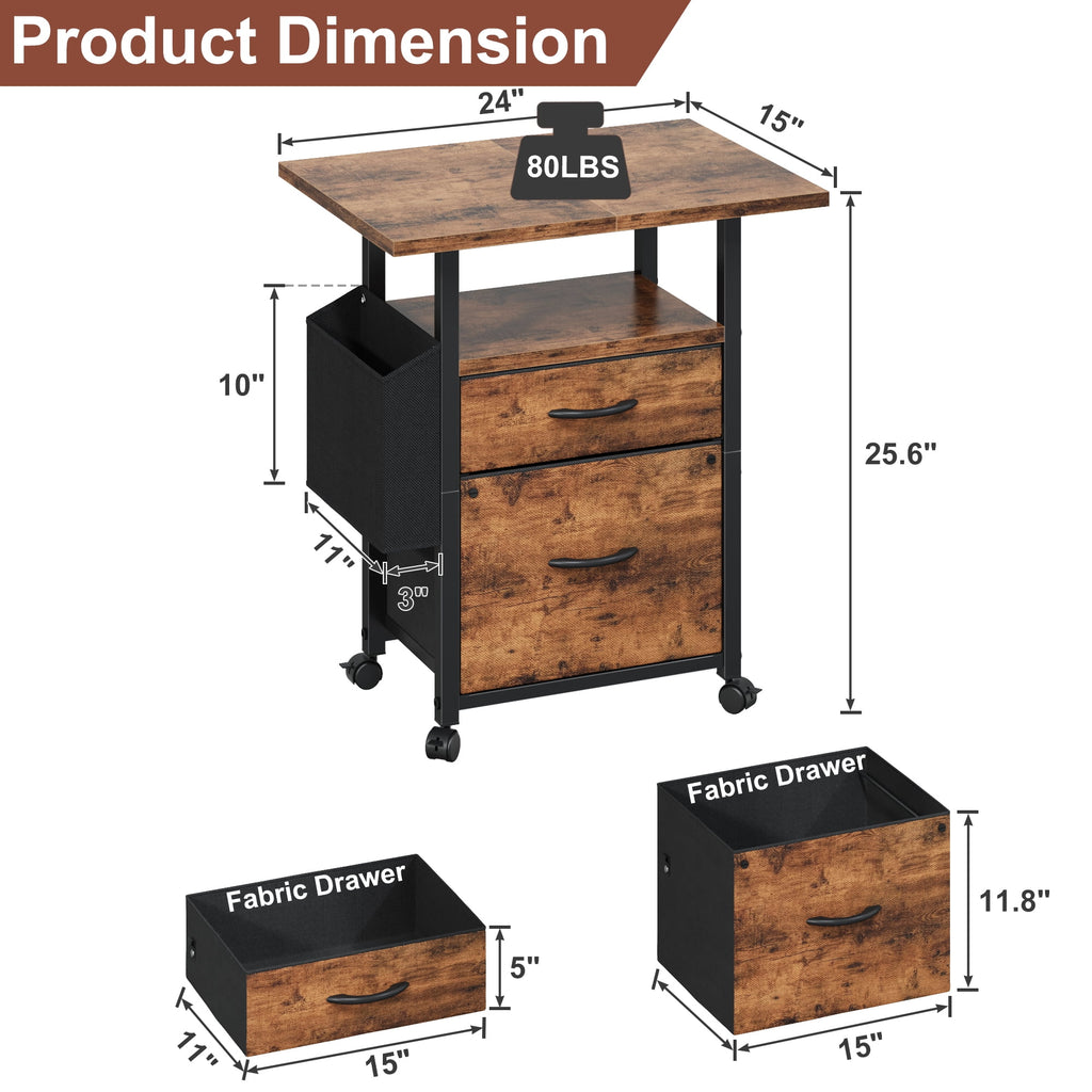 HIGDBFE File Cabinets with 2 Drawers, Rolling Fabric Filing Cabinet with 24'' Large Tabletop, Printer Stand for Home Office, Fits A4/Letter Size