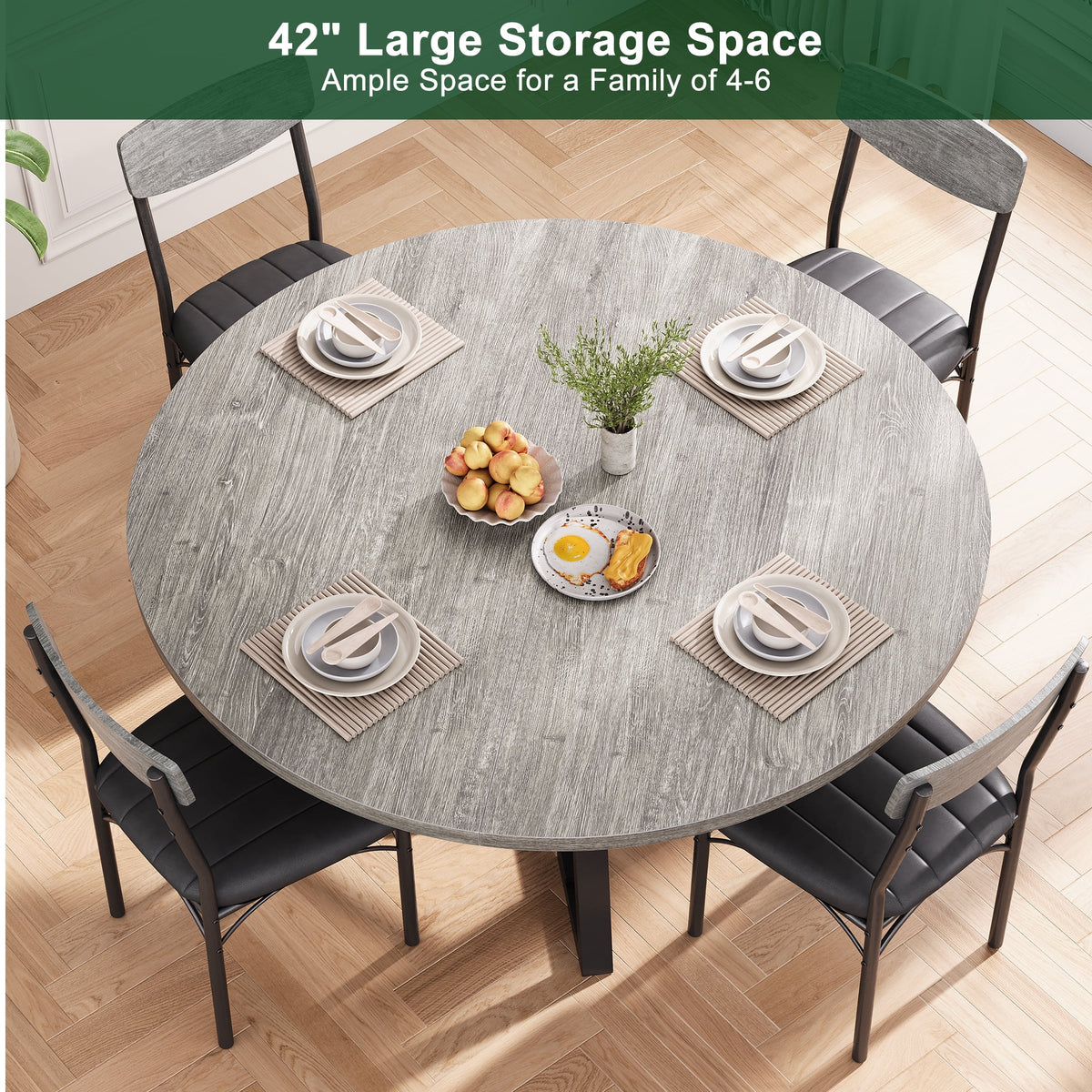 Hijob 42in Round Dining Table for 4, Kitcen Table Sturdy Wood Kitchen & Dining Room Furniture, Gray