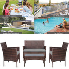4-Piece Outdoor Patio Furniture Set With Rattan Wicker Chairs, Loveseat And Glass-Top Table