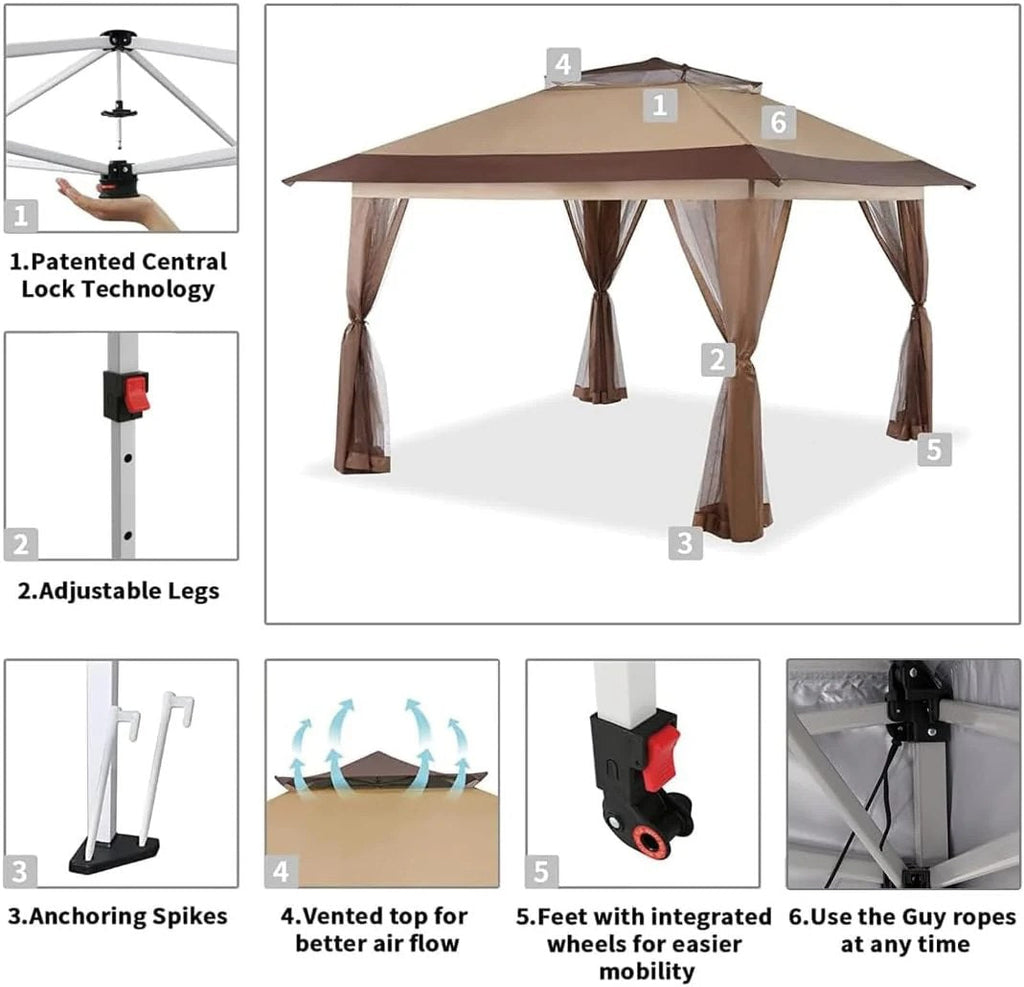 CROWN SHADES 13x13 Pop Up Gazebo Canopy Tent - Beige & Coffee