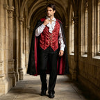 JOANKDMI Mens Gothic Vampire Costume Set with Stand Collar Cape Vest and Ruffle Shirt Classic Aristocrat Dracula Outfit for Halloween Role Play Role Play Theme Party