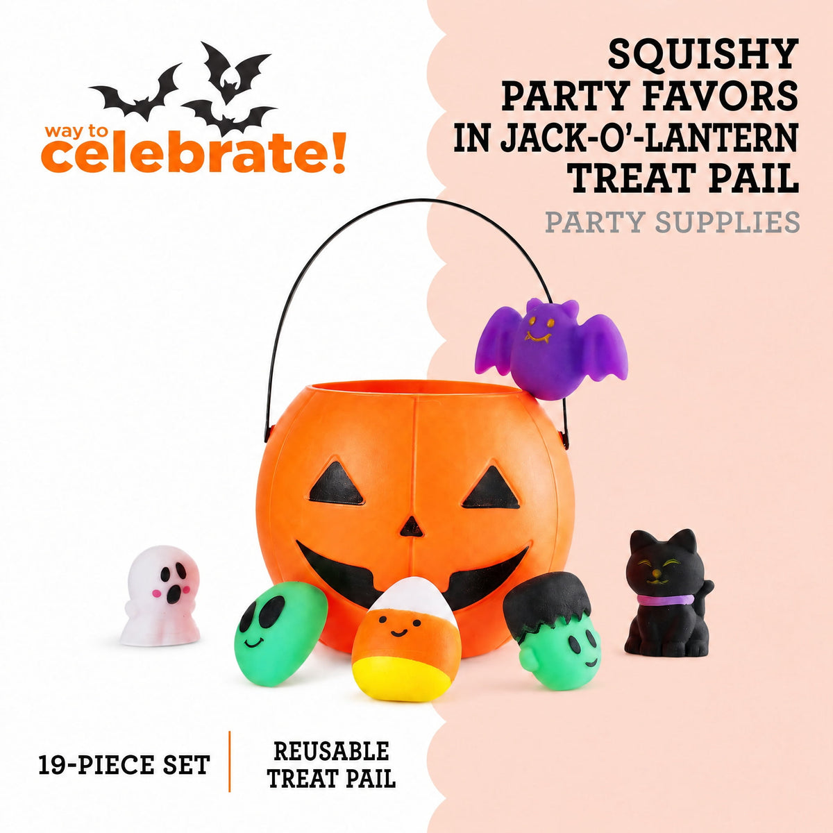 Squishy Party Favors in Jack-o'-Lantern Treat Pail, Multicolor, 18 Count, Halloween by Way To Celebrate