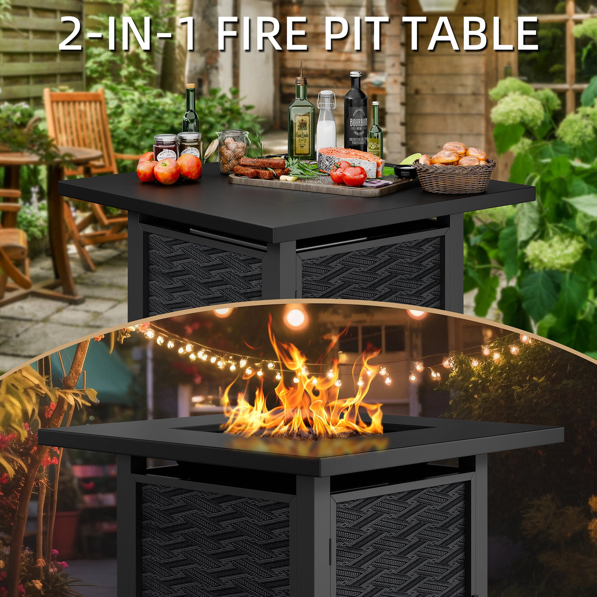 Walsunny 28" Propane Fire Pit Table 50,000 BTU Steel Gas Fire Pit with Removable Lid & Waterproof Cover and Tables