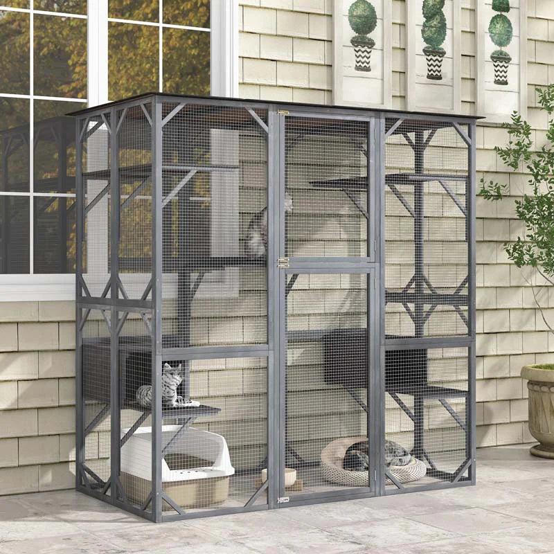 Outdoor Wooden Cat Catio Enclosure, 71 x 38 x 71 in, 7 Platforms, Grey