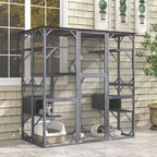 Outdoor Wooden Cat Catio Enclosure, 71 x 38 x 71 in, 7 Platforms, Grey