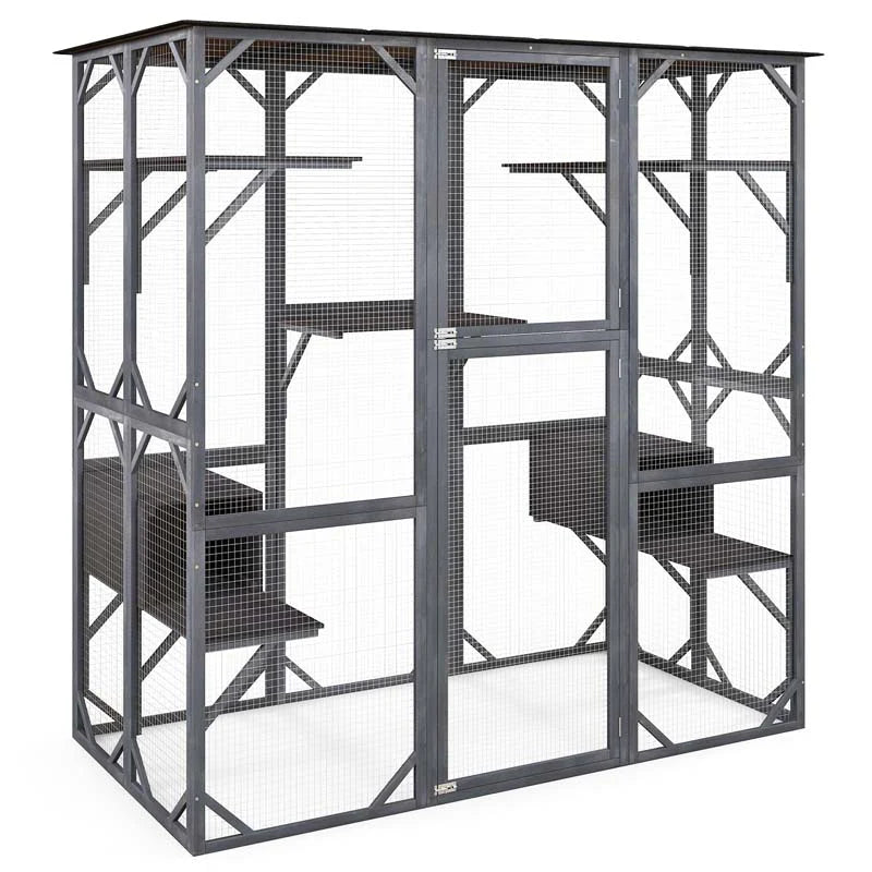 Outdoor Wooden Cat Catio Enclosure, 71 x 38 x 71 in, 7 Platforms, Grey