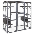Outdoor Wooden Cat Catio Enclosure, 71 x 38 x 71 in, 7 Platforms, Grey