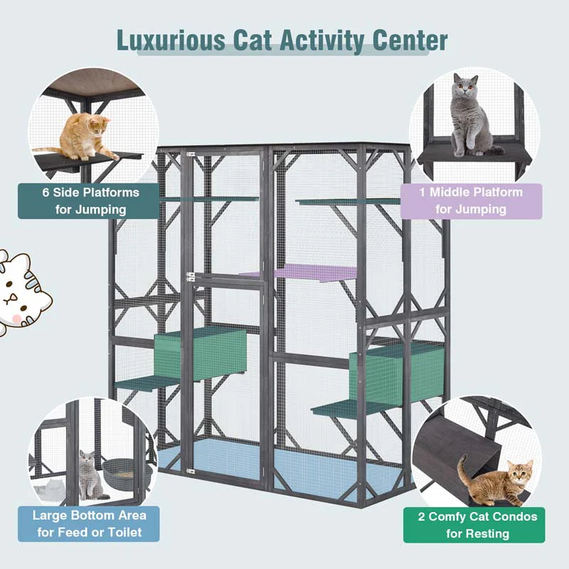 Outdoor Wooden Cat Catio Enclosure, 71 x 38 x 71 in, 7 Platforms, Grey