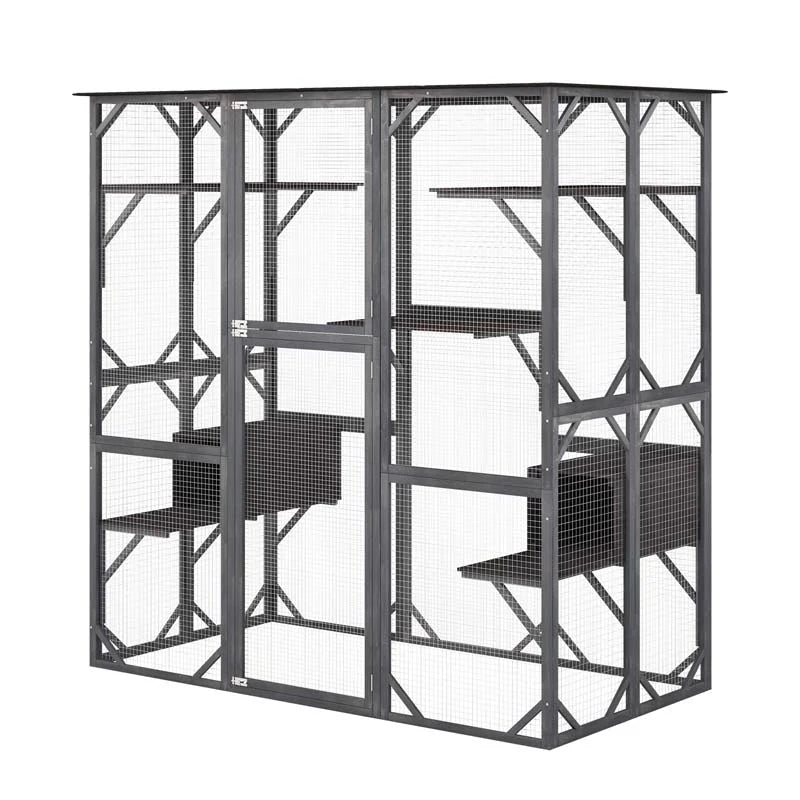Outdoor Wooden Cat Catio Enclosure, 71 x 38 x 71 in, 7 Platforms, Grey