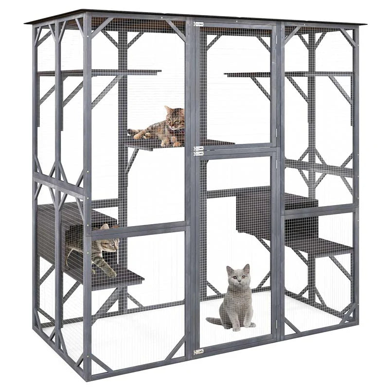 Outdoor Wooden Cat Catio Enclosure, 71 x 38 x 71 in, 7 Platforms, Grey