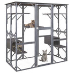 Outdoor Wooden Cat Catio Enclosure, 71 x 38 x 71 in, 7 Platforms, Grey