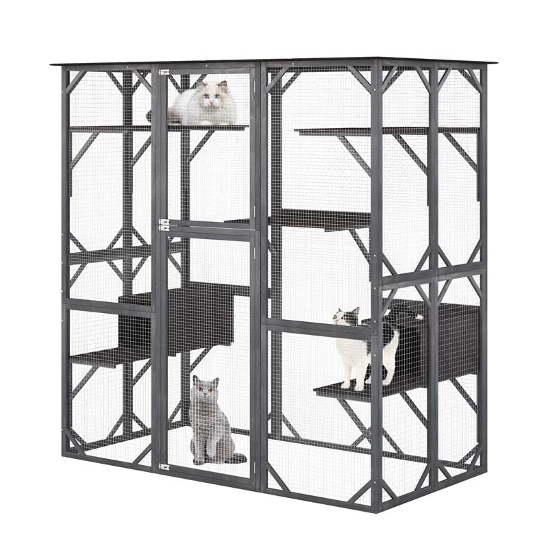 Outdoor Wooden Cat Catio Enclosure, 71 x 38 x 71 in, 7 Platforms, Grey