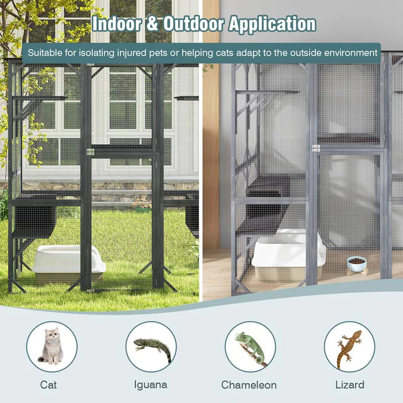 Outdoor Wooden Cat Catio Enclosure, 71 x 38 x 71 in, 7 Platforms, Grey