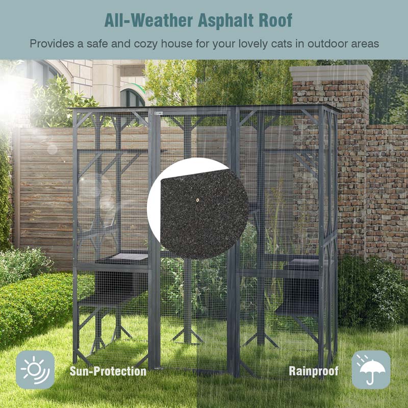 Outdoor Wooden Cat Catio Enclosure, 71 x 38 x 71 in, 7 Platforms, Grey