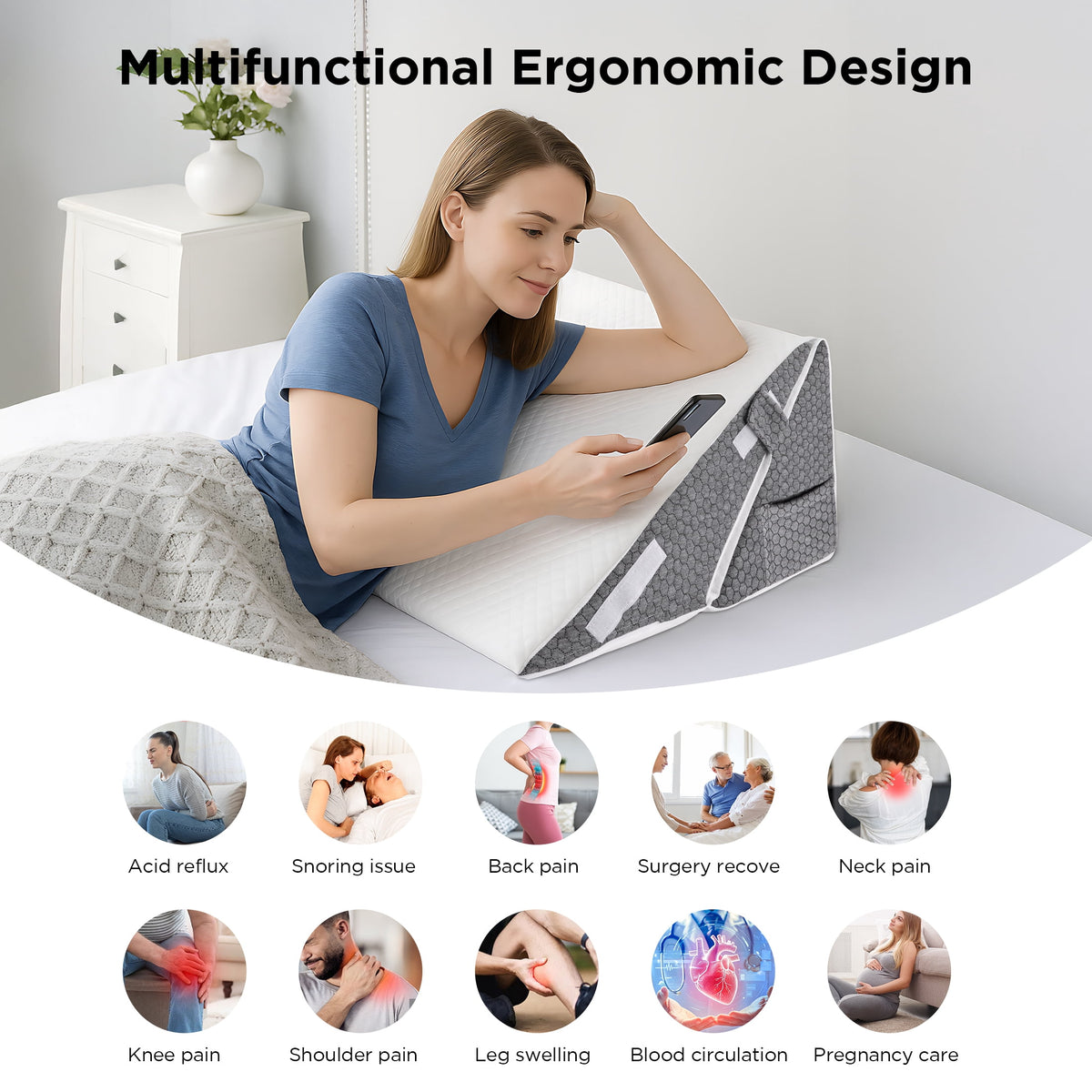 Grnoedn Wedge Pillow for Sleeping,Orthopedic Adjustable Memory Foam Bed Wedge Pillows Set for Acid Reflux,Leg Back Pain Relief & Reading Rest