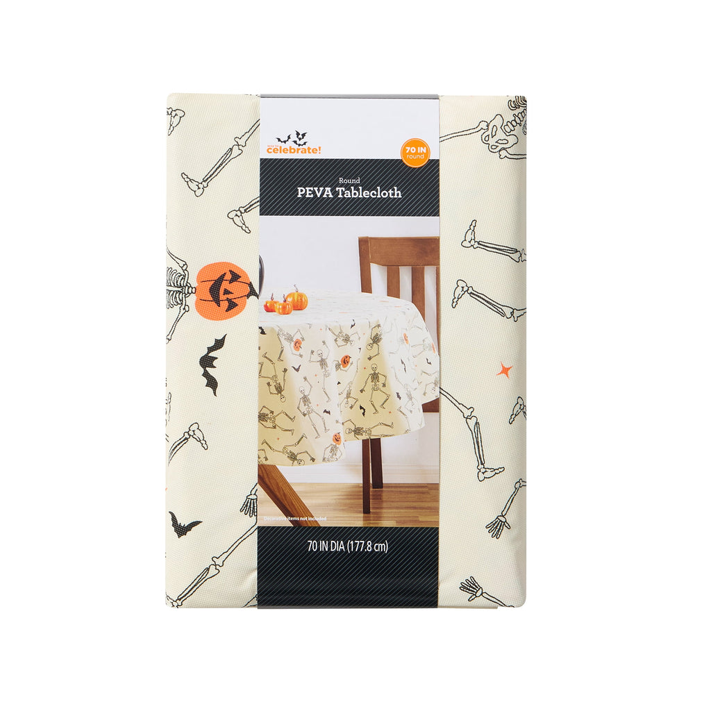 Way To Celebrate Halloween PEVA Tablecloth, For Table 70" Round - Skeleton Pumpkin Head Toss