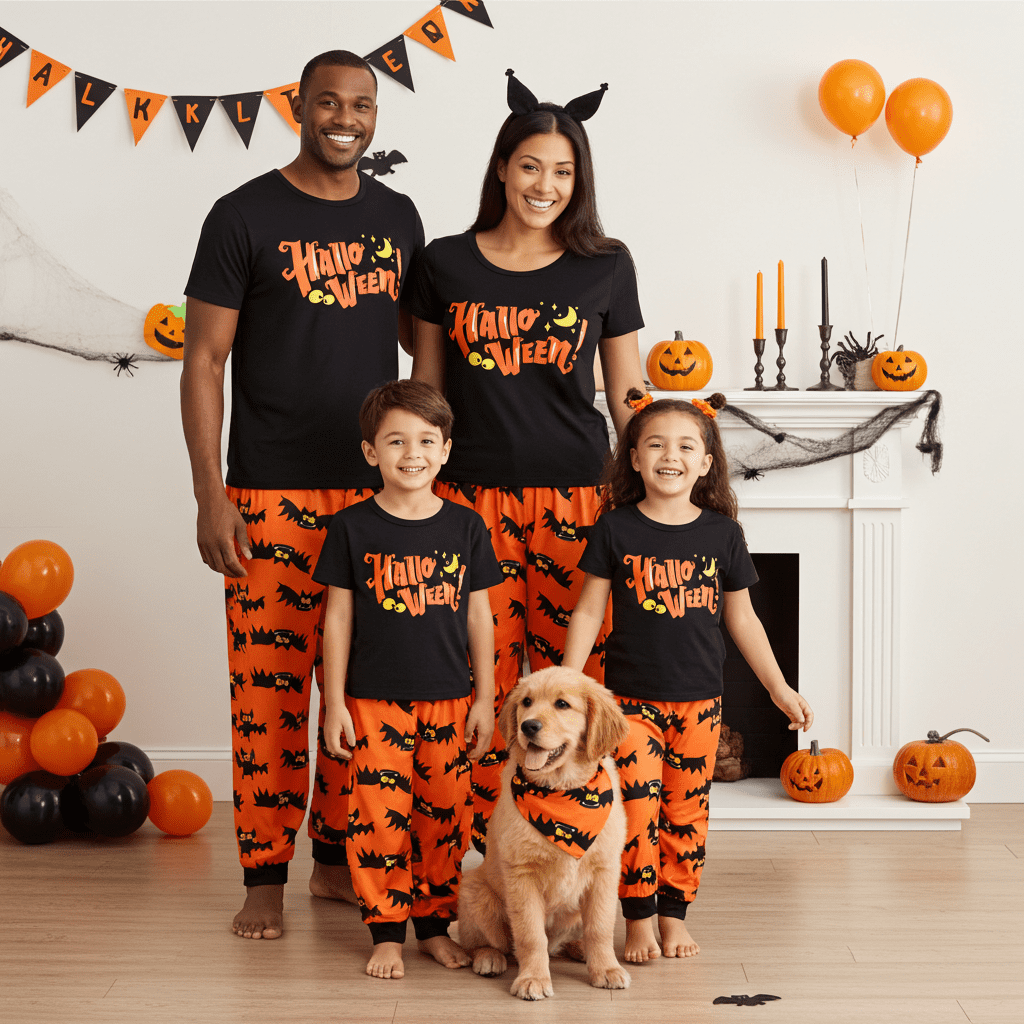 PatPat Halloween Pajamas Kids Holiday Pjs Family Matching Letter & Bat Print Short Sleeve Sleepwear Sets for Women Girls Boys, Black & Orange, L