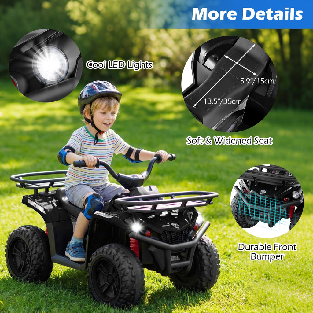 OLAKIDS 24V Kids ATV Quad with 5Mph Max Speed, Spring Suspension, LED Lights, Music & Story Player, Big Tires, 2 Storage Spaces, Ride On Car for Boys