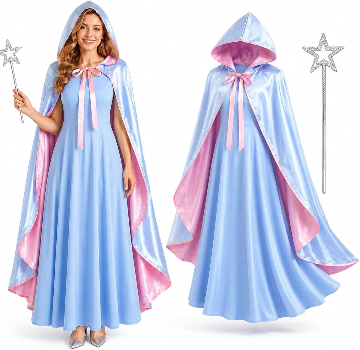 3PCS Fairy Godmother Halloween Costumes for Women, Blue Dress with Cape and Star Wand, Cosplay Outfit for Fairy Parties Stage Performances