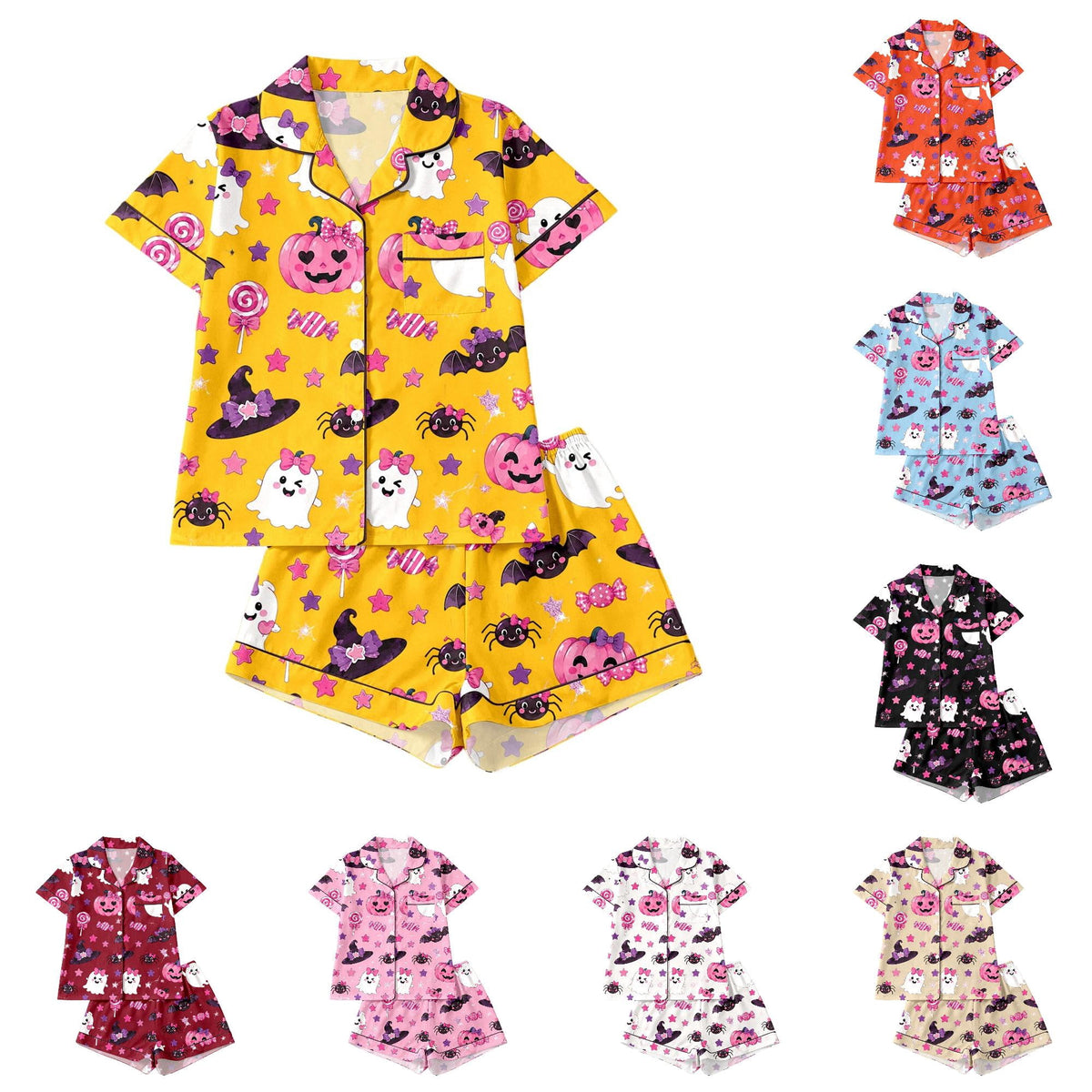 CUZIBR Girls Halloween Pajamas Sets Soft Comfortable Ghost Pumpkin Lapel Button Short Sleeve Shirt Elastic Waist Shorts 2 Pieces Sleep Loungewear Relaxed Sleepwear Outfits, Orange-C