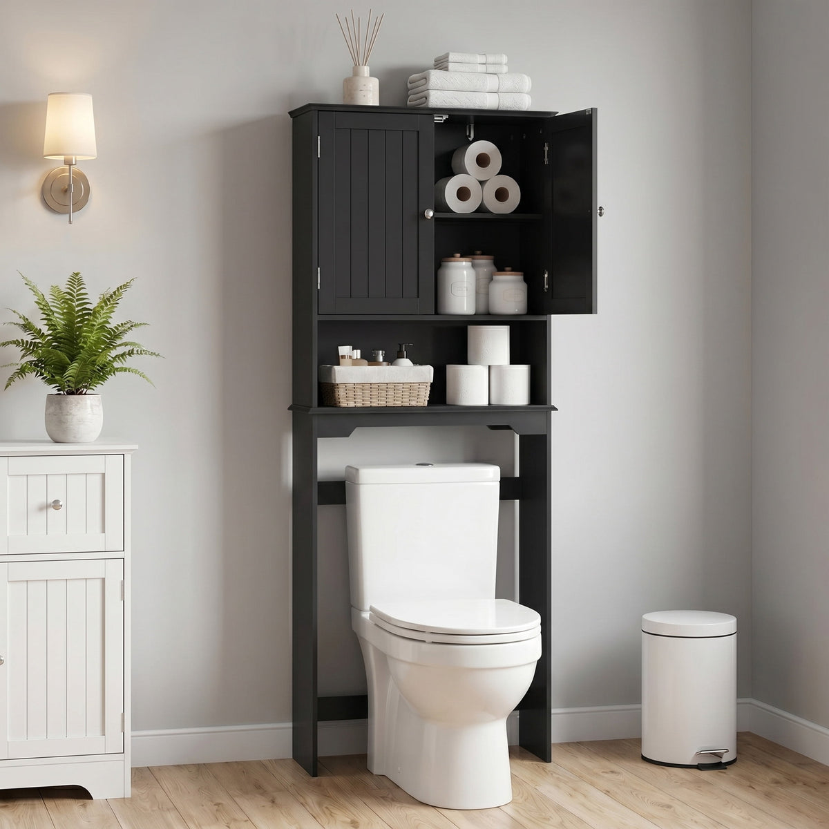 CONCETTA Black Over The Toilet Cabinet for Bathroom, Space Saver Storage with Quiet Magnetic Doors & Adjustable Bottom Stabilizer