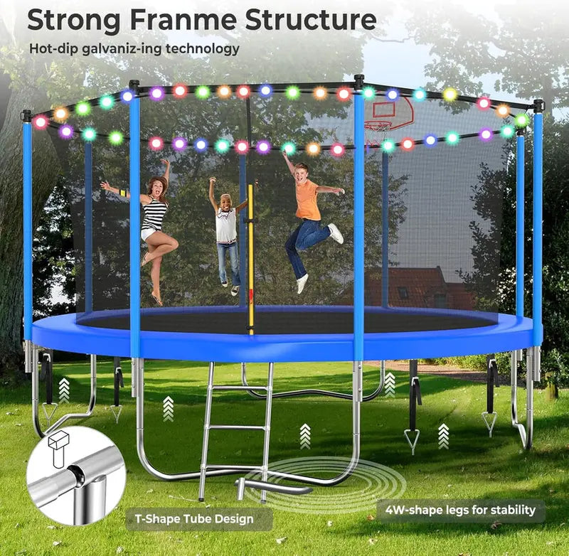 Trampoline With Enclosure Net And Adjustable Basketball Hoop - 8ft, 10ft, 12ft, 14ft, 15ft, 16ft