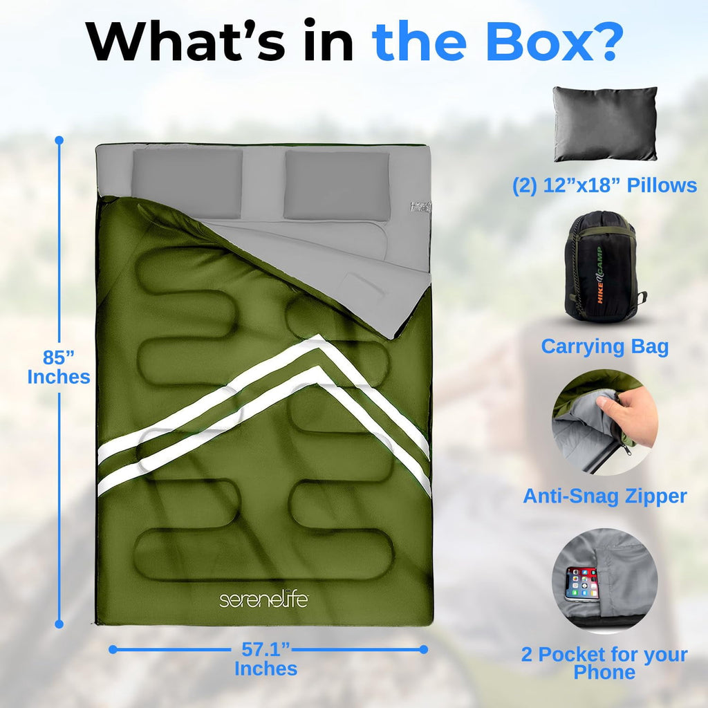 SereneLife SLSBX9 - Double Sleeping Bag with Two Pillows- Lightweight & Waterproof Sleeping Bag for Adults or Teens, For Camping, Backpacking or