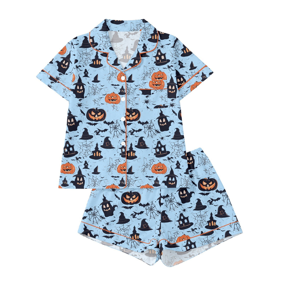 CUZIBR Girls Halloween Pajamas Sets Soft Comfortable Ghost Pumpkin Lapel Button Short Sleeve Shirt Elastic Waist Shorts 2 Pieces Sleep Loungewear Relaxed Sleepwear Outfits, Orange-C