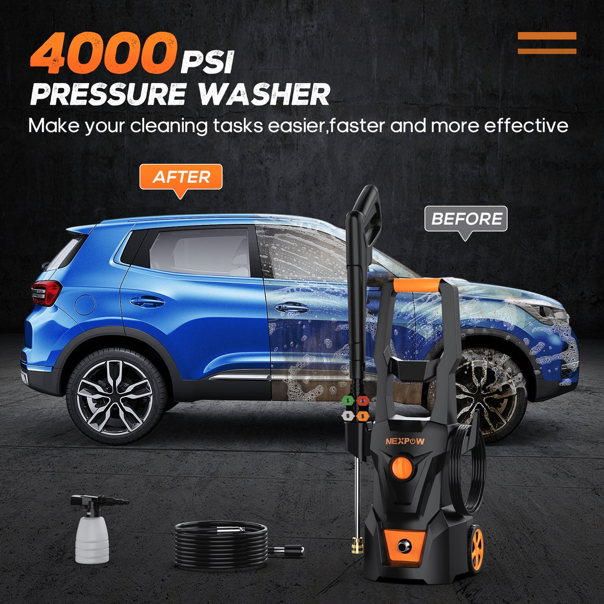NEXPOW Electric Pressure Washer, 4000 Max PSI 2.6 GPM Power Washer with Foam Cannon, 4 Quick Nozzles & Built-in GFCI Protection for Cars, Driveways