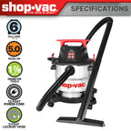 Shop-Vac® 6 Gallon Wet/Dry Vacuum, 5.0 Peak HP, Stainless Steel Tank