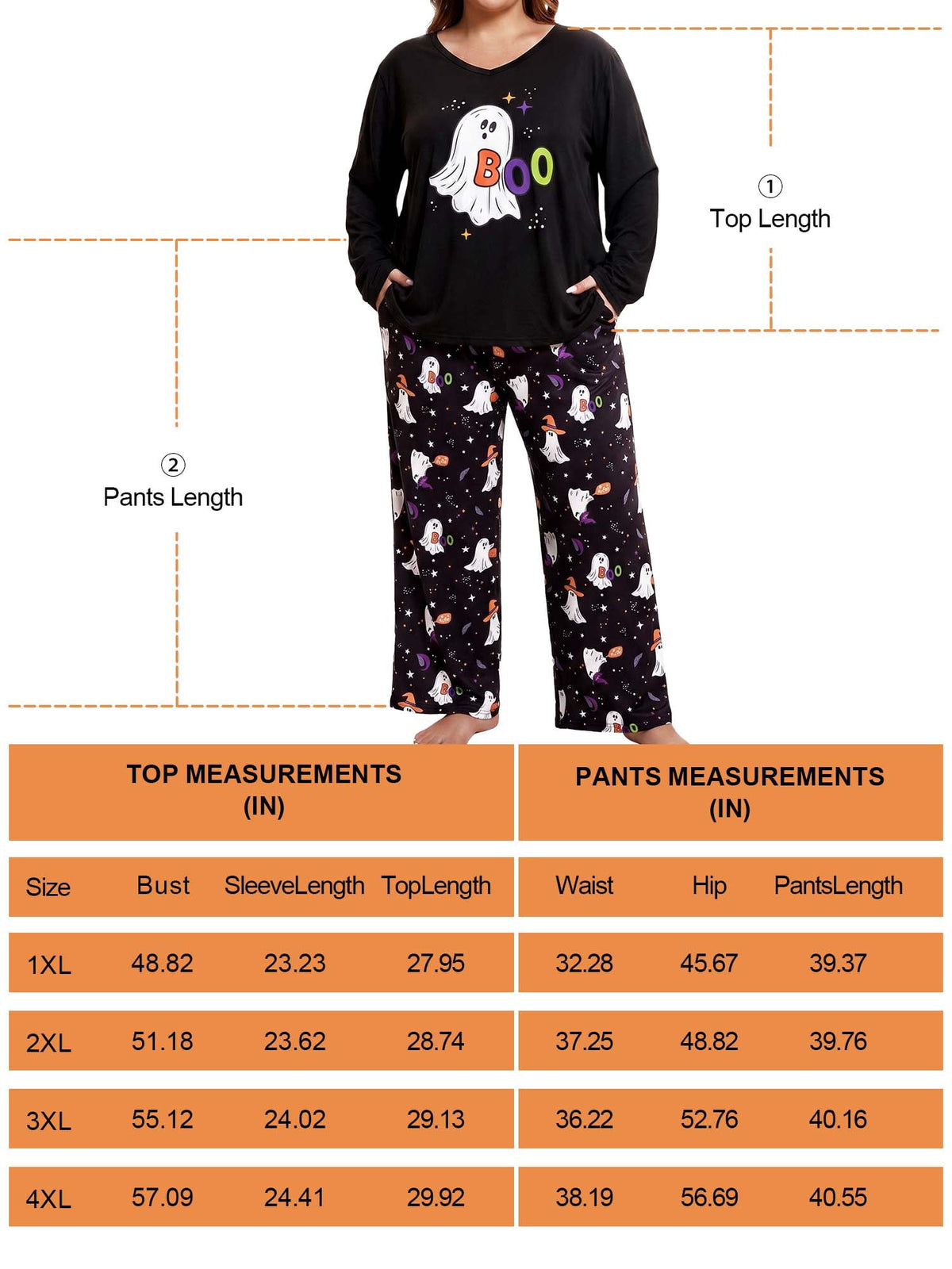 Homlouue Halloween Womens Plus Size Pajama Sets 2-Piece, Cute Ghost Print V-Neck Loungewear with Pockets, Soft Sleepwear for Holiday