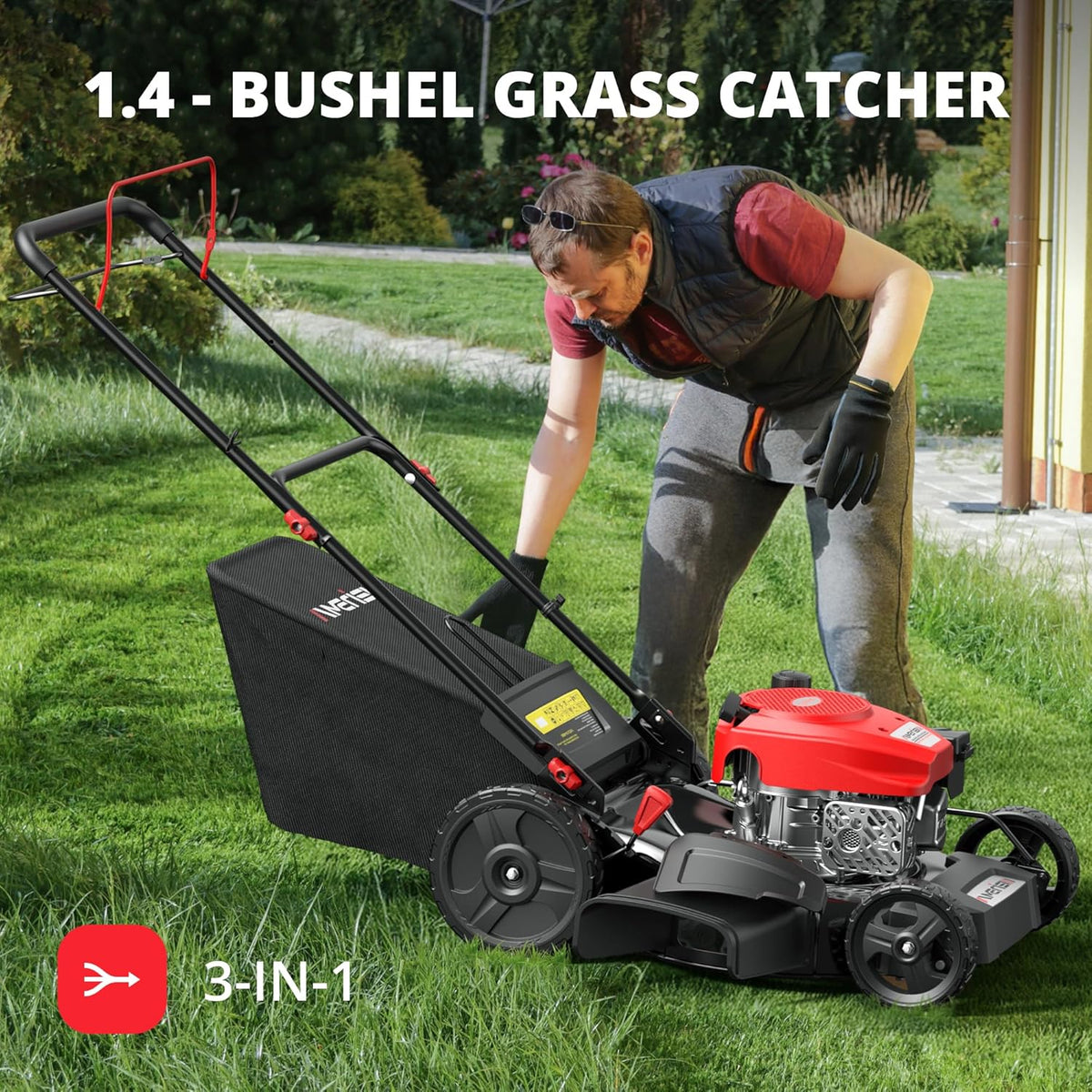 AMERISUN 21 Inch Steel Deck Gas Push Lawn Mower, 144cc 4-Stroke Engine, 3-in-1 - 144cc 3in1 Push