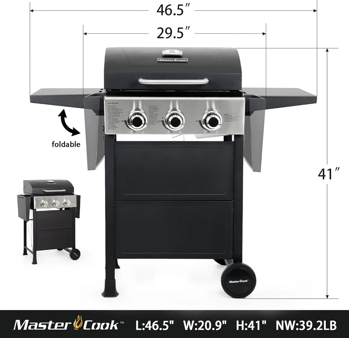 MASTER COOK 3-Burner Propane Gas Grill, 30,000 BTU, Black