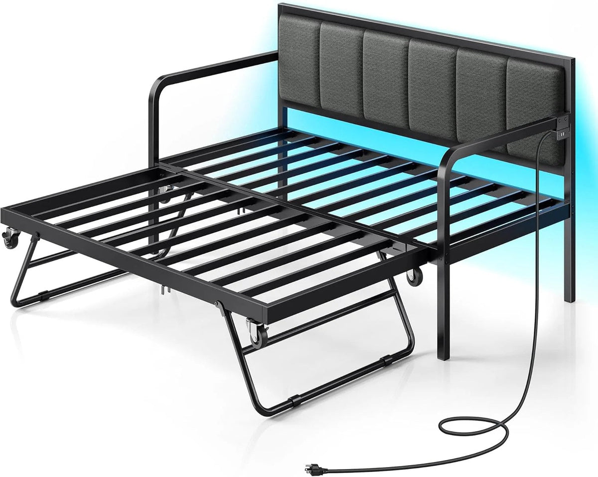 Rolanstar Twin Height-Adjustable Metal Daybed With Trundle, Charging Station And LED Lights