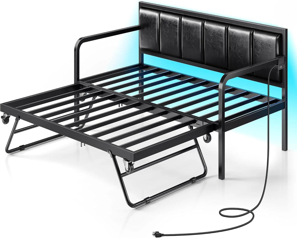 Rolanstar Twin Height-Adjustable Metal Daybed With Trundle, Charging Station And LED Lights