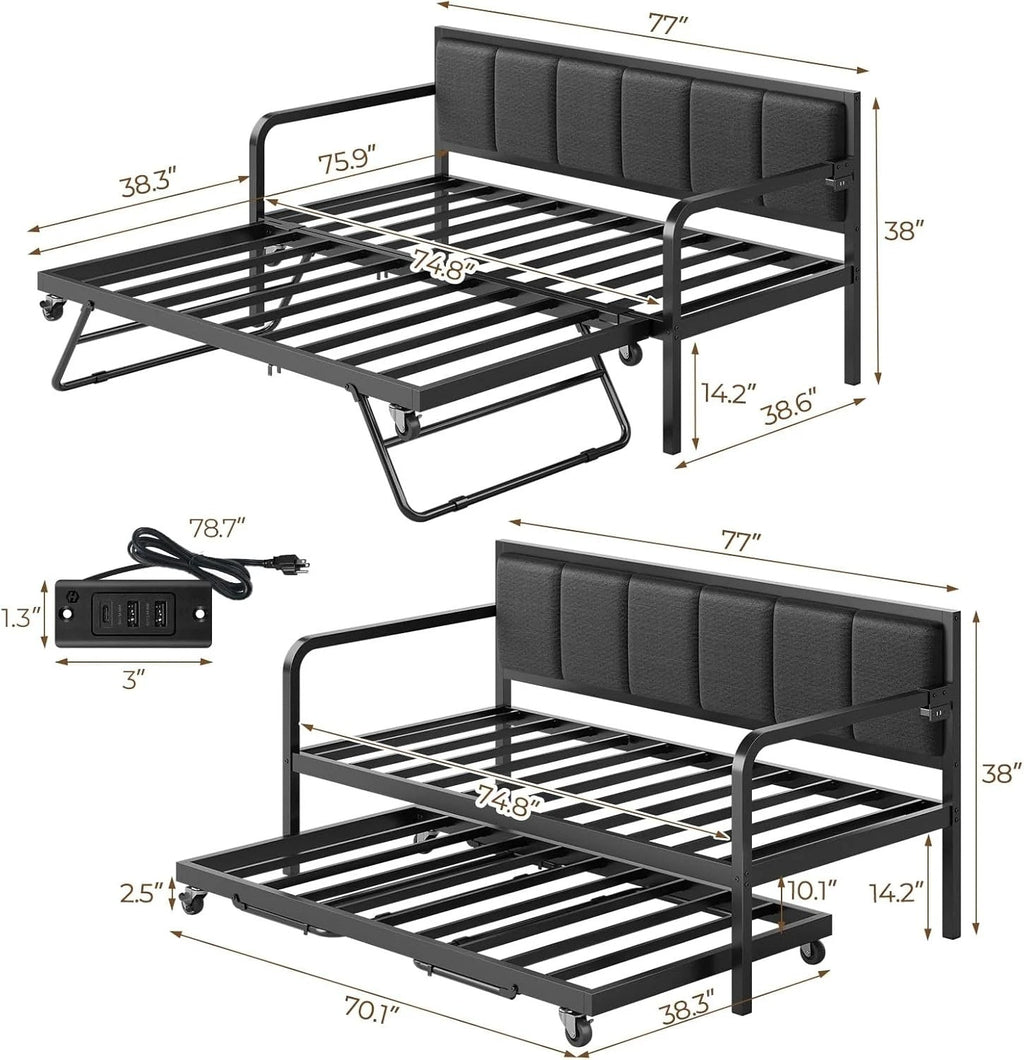 Rolanstar Twin Height-Adjustable Metal Daybed With Trundle, Charging Station And LED Lights