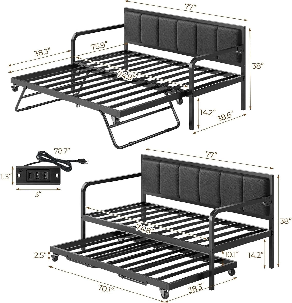 Rolanstar Twin Height-Adjustable Metal Daybed With Trundle, Charging Station And LED Lights