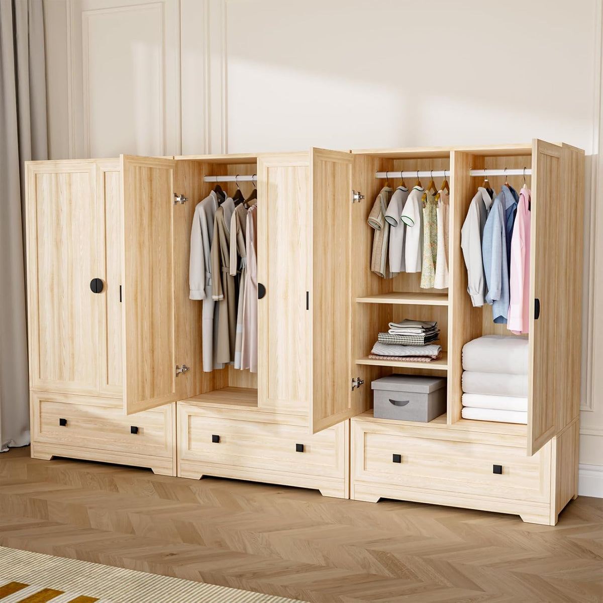 VINGLI Armoire Wardrobe Closet With Doors, Hanging Rod, Shelves And Drawer, Oak, 38in W x 21in D x 65in H