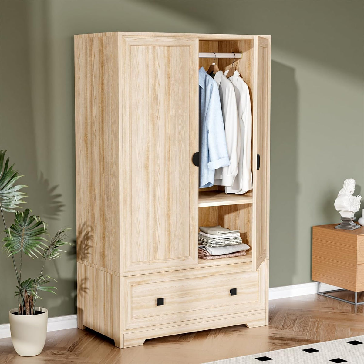 VINGLI Armoire Wardrobe Closet With Doors, Hanging Rod, Shelves And Drawer, Oak, 38in W x 21in D x 65in H