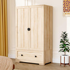 VINGLI Armoire Wardrobe Closet With Doors, Hanging Rod, Shelves And Drawer, Oak, 38in W x 21in D x 65in H