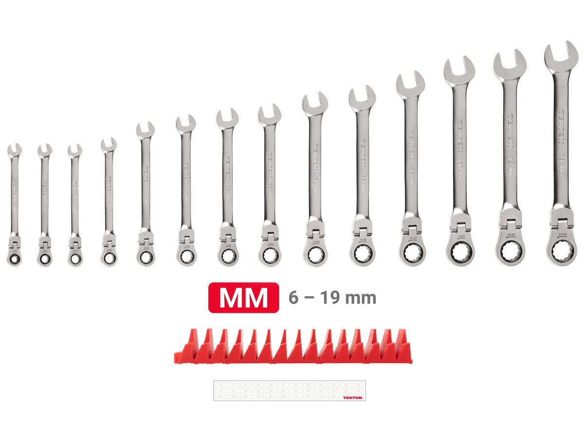 TEKTON Flex Head 12-Point Ratcheting Combination Wrench Set, 14-Piece (6-19 mm) - WRC95302